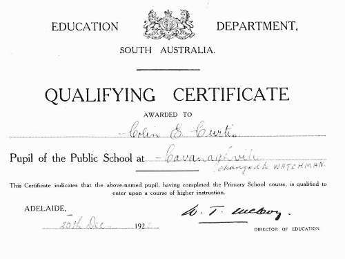 Qualifying Certificate from Education Department, South Australia
