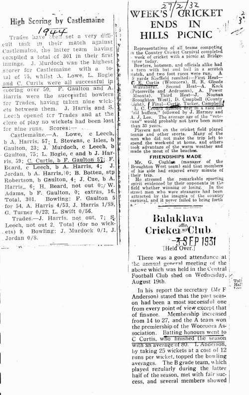 Cricket Results, Newspaper Clippings, 1944, 1932, 1931