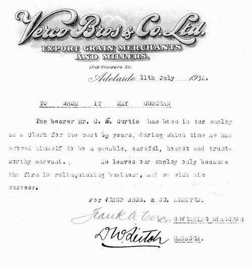 Letter of Recommendation from Frank A. Verco, Verco Bros. & Co., Ltd., 11 July 1932