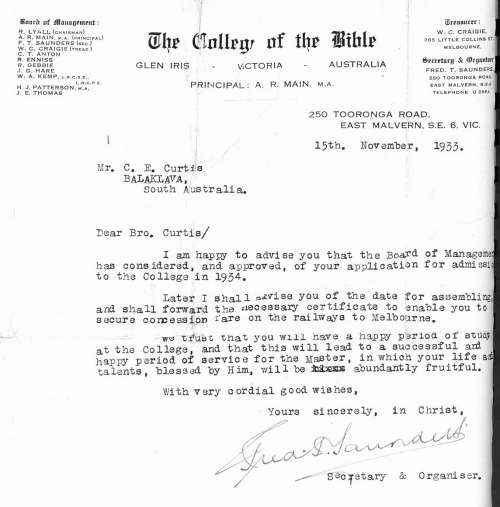 Letter of Admission to College of the Bible, 15 November 1933