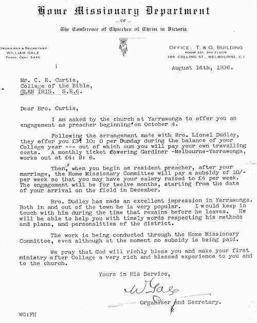 Letter from William Gale, Home Missionary Department, 14 August 1936