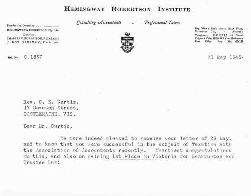 Letter of Congratulations from Hemingway Robertson Institute, 31 May 1945