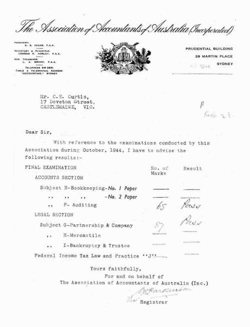 Examination Report from Association of Accountants of Australia, October 1944