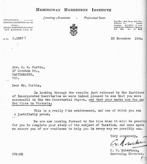 Letter of Congratulations from C. V. Robertson, Hemingway Robertson Institute, 20 November 1944