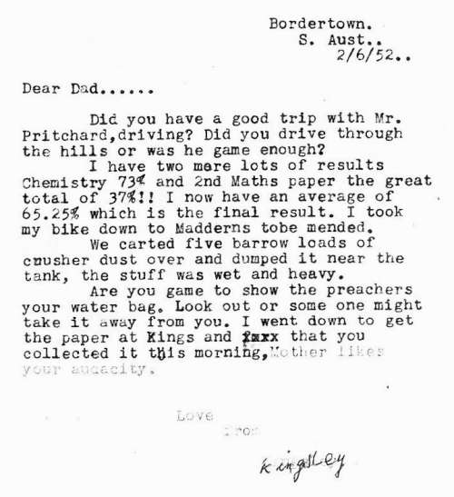 Letter from Son, Colin Kingsley, Dated Bordertown, 6 June 1952 (Typescript)
