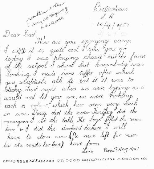 Letter from Daughter, Lois, Dated Bordertown, S.A., 10 September 1952 (Holograph)