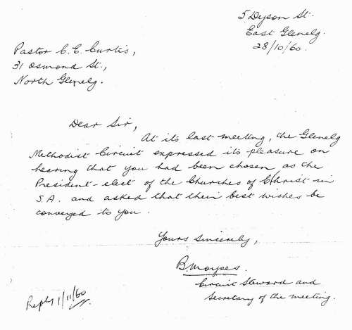 Letter of Congratulations from B. Moyses, 28 October 1960 (Holograph)