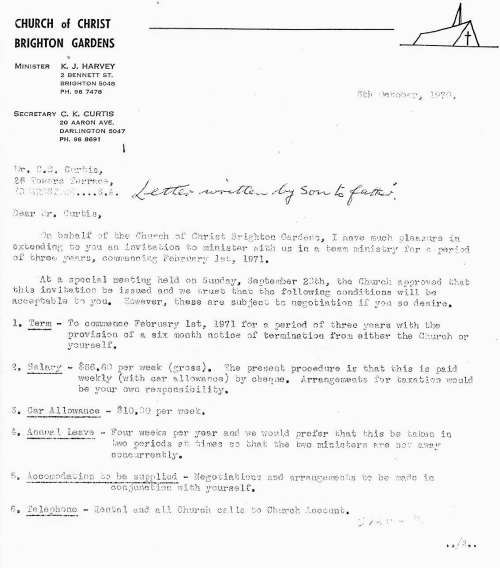Contract from Church of Christ, Brighton Garden, 6 October 1970, Page 1 (Typescript)