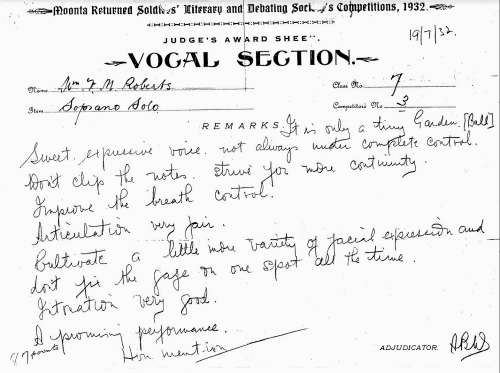 Judge's Award Sheet--Vocal Section for Vida Maud Roberts, 17 July 1932