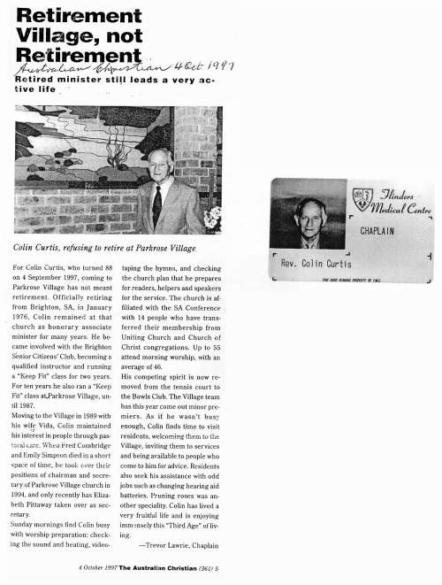 'Retirement Village, Not Retirement' from Australian Christian, 4 October 1997 (Clipping)