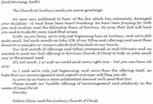 Letter from Sunbury Church of Christ